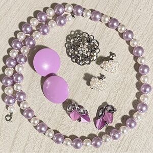 Vintage Jewelry Lavender and Pearls Costume Earrings Necklace Brooch Lot Set